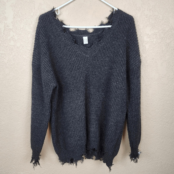 CY Fashions Black V Neck Sweater with Distressed Neckline and Hem Large (3559) - Picture 1 of 5